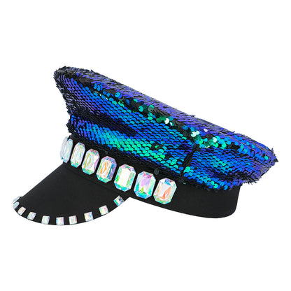 Casquette Capitaine Sequins Réversibles Vert Bleu avec Strass