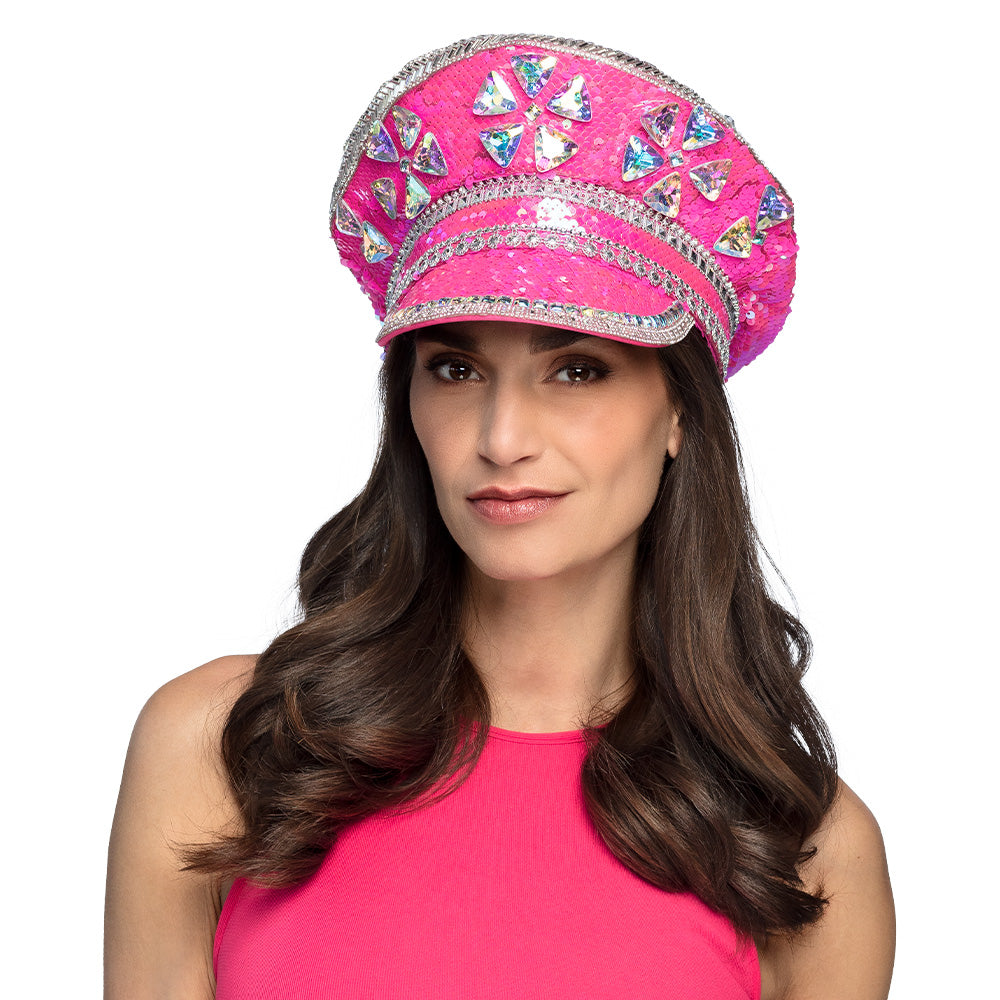 Casquette de Capitaine Luxe Sequins Rose Fluo Strass
