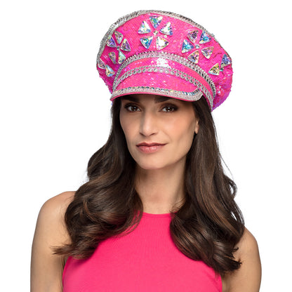 Casquette de Capitaine Luxe Sequins Rose Fluo Strass