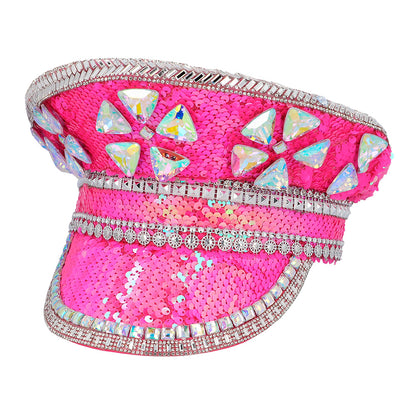 Casquette de Capitaine Luxe Sequins Rose Fluo Strass