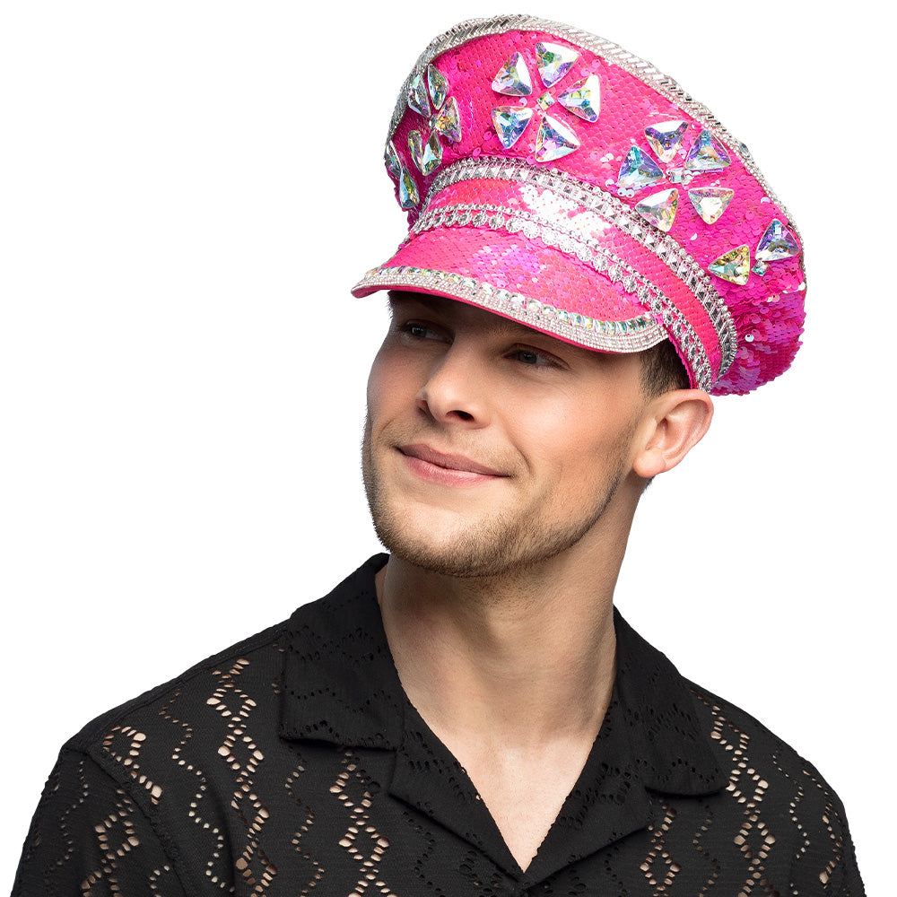 Casquette de Capitaine Luxe Sequins Rose Fluo Strass