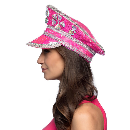 Casquette de Capitaine Luxe Sequins Rose Fluo Strass