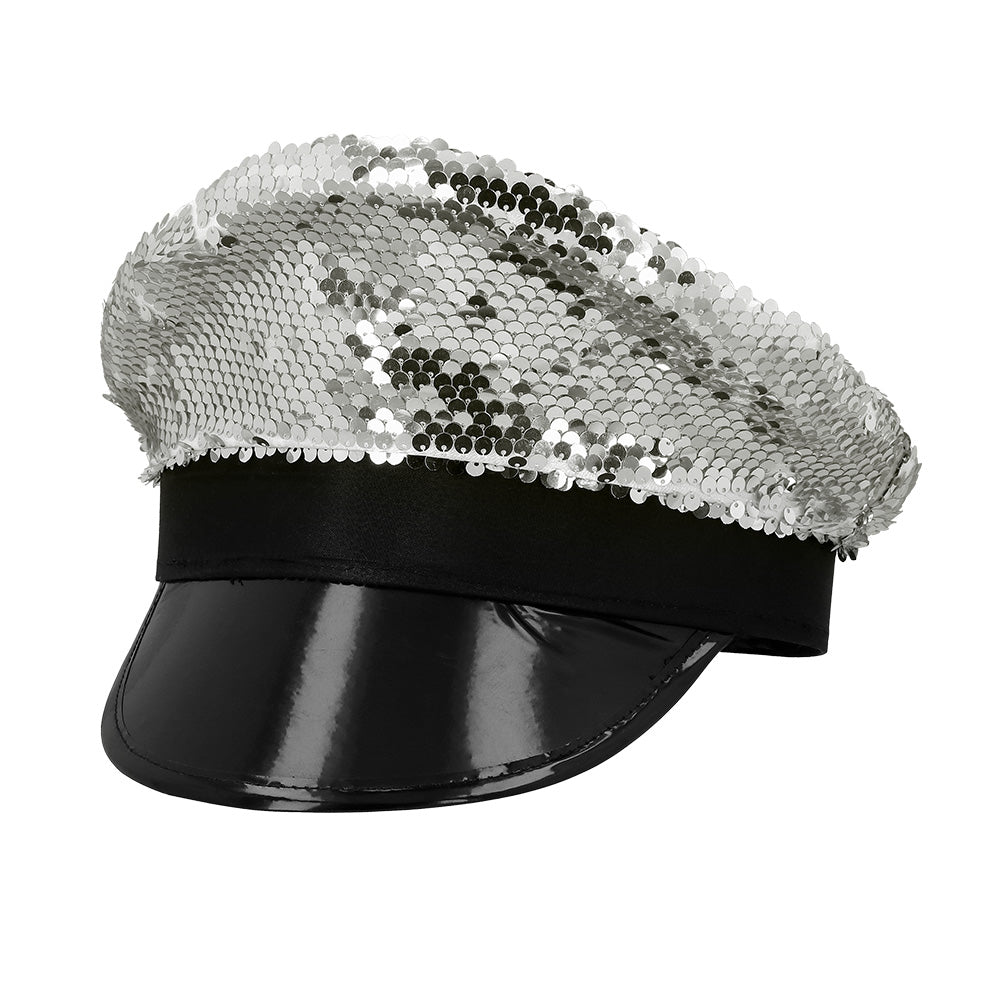 Casquette Paillettes Noir et Argent Disco - Adulte