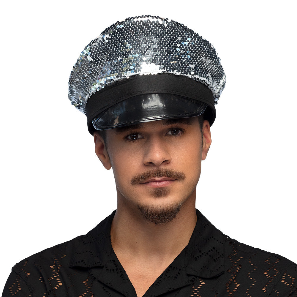 Casquette Paillettes Noir et Argent Disco - Adulte