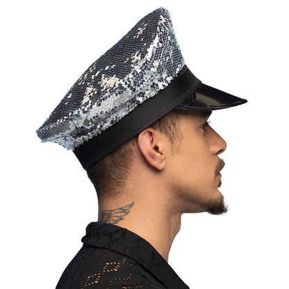 Casquette Paillettes Noir et Argent Disco - Adulte