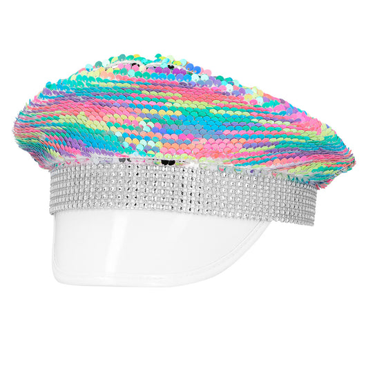 Casquette à Sequins Réversibles Arc-en-Ciel et Argent