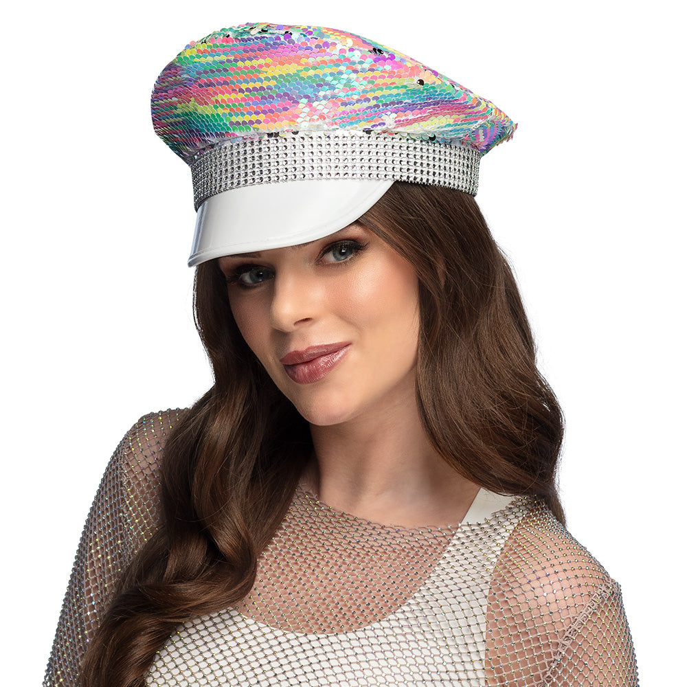 Casquette à Sequins Réversibles Arc-en-Ciel et Argent