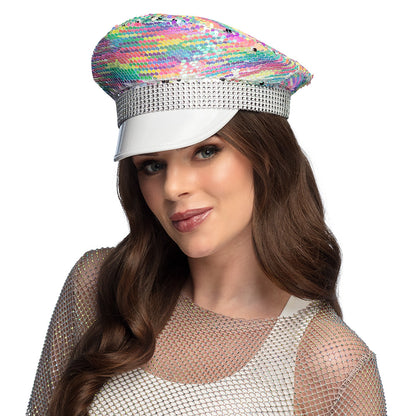 Casquette à Sequins Réversibles Arc-en-Ciel et Argent