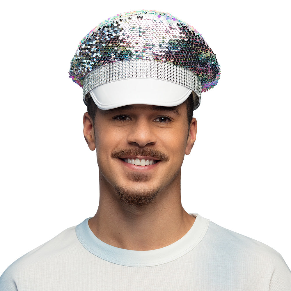 Casquette à Sequins Réversibles Arc-en-Ciel et Argent
