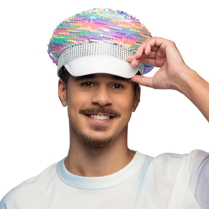 Casquette à Sequins Réversibles Arc-en-Ciel et Argent