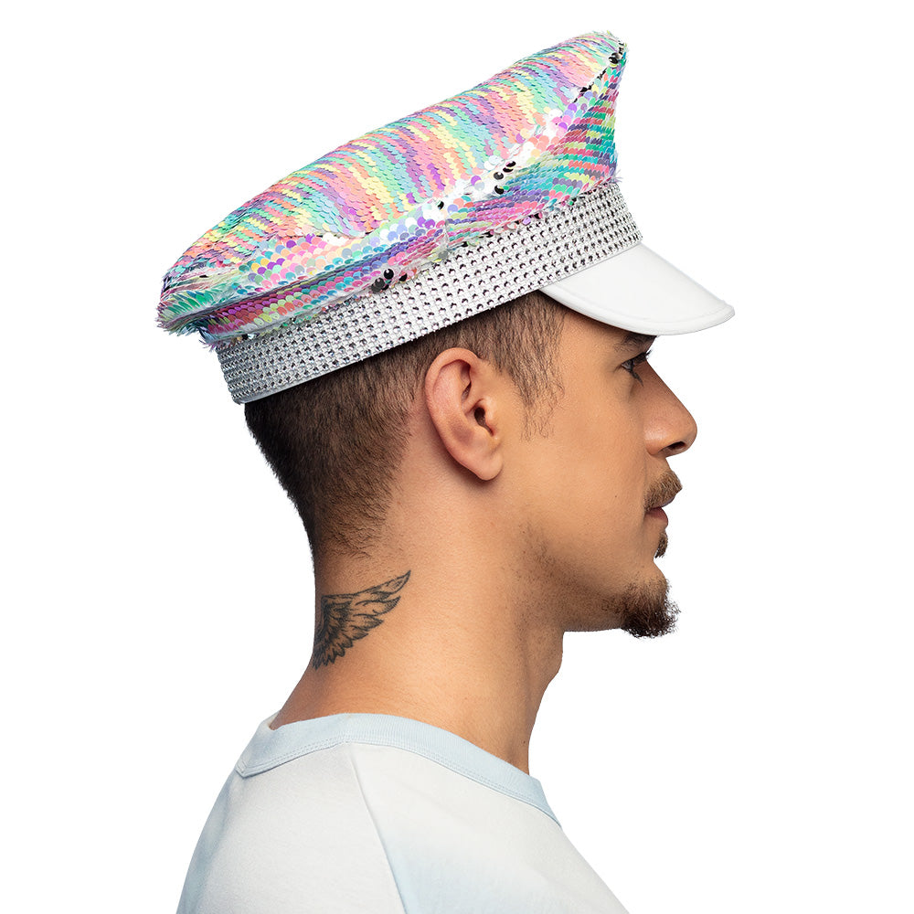 Casquette à Sequins Réversibles Arc-en-Ciel et Argent