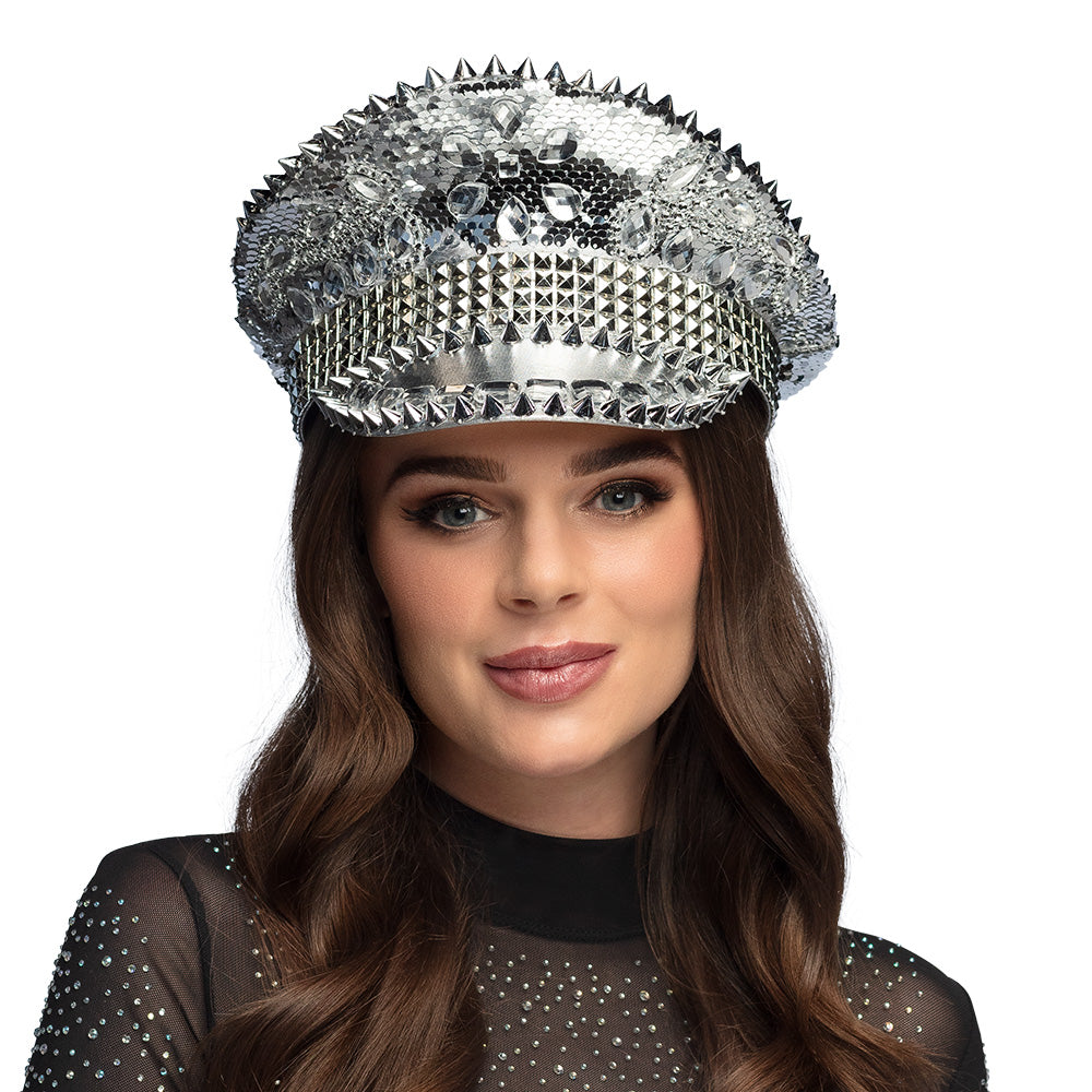 Casquette Paillettes Argent avec Pics et Strass Disco
