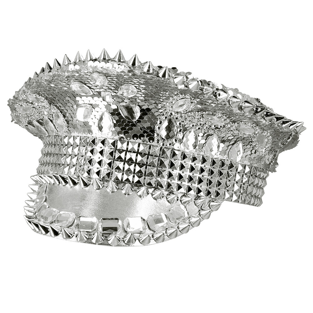 Casquette Paillettes Argent avec Pics et Strass Disco