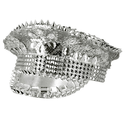 Casquette Paillettes Argent avec Pics et Strass Disco