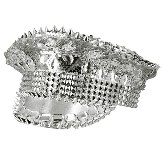 Casquette Paillettes Argent avec Pics et Strass Disco