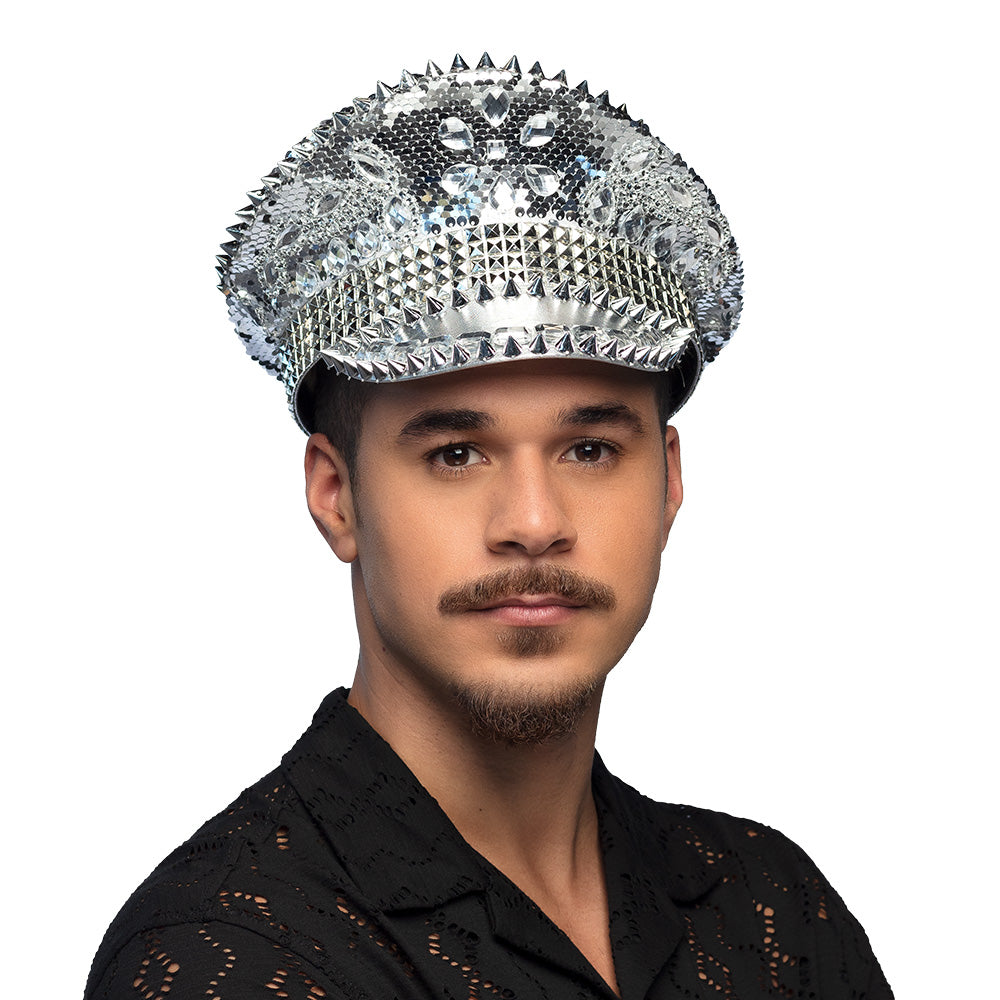 Casquette Paillettes Argent avec Pics et Strass Disco