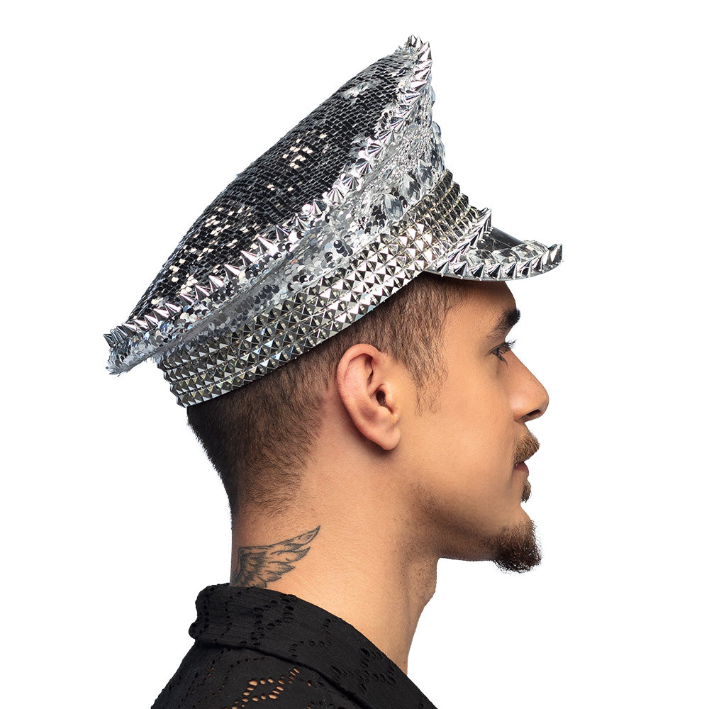 Casquette Paillettes Argent avec Pics et Strass Disco