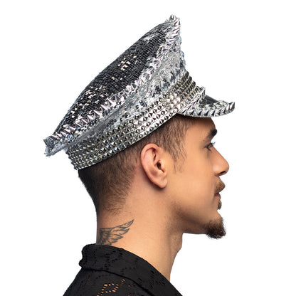 Casquette Paillettes Argent avec Pics et Strass Disco