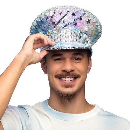 Chapeau Haut de Forme Sequins Étoiles Argent Party