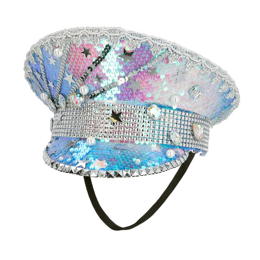 Chapeau Haut de Forme Sequins Étoiles Argent Party