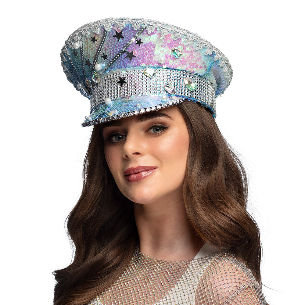 Chapeau Haut de Forme Sequins Étoiles Argent Party
