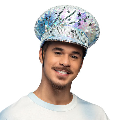 Chapeau Haut de Forme Sequins Étoiles Argent Party