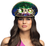 Chapeau Steampunk Sequins Irisé avec Lunettes Holographiques