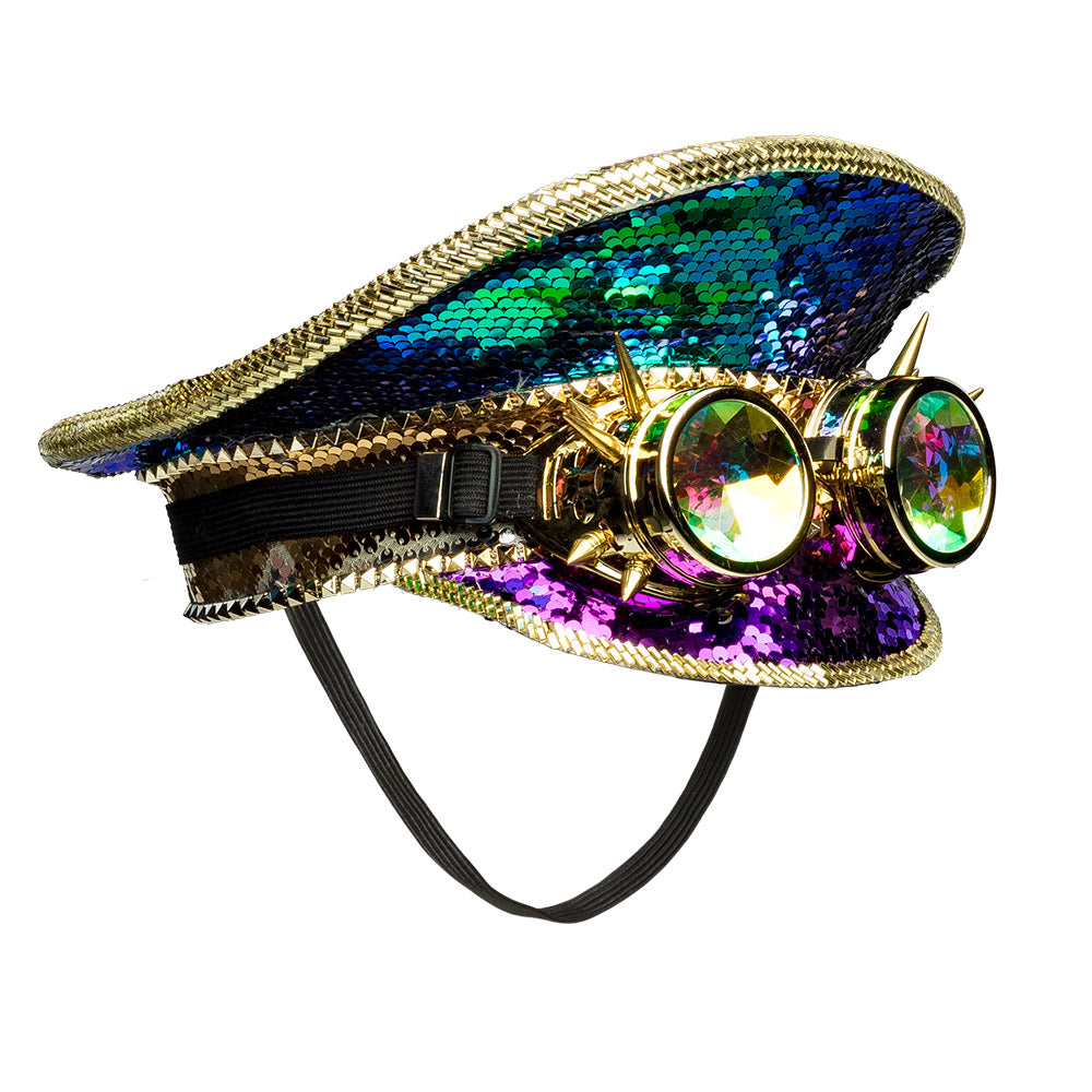 Chapeau Steampunk Sequins Irisé avec Lunettes Holographiques