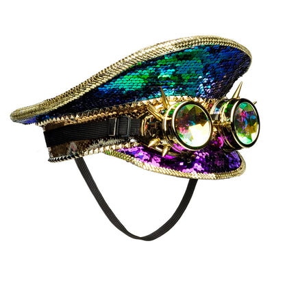 Chapeau Steampunk Sequins Irisé avec Lunettes Holographiques