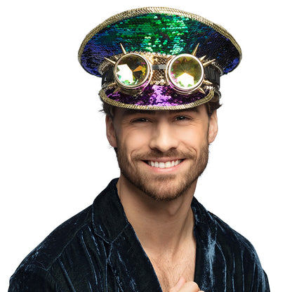 Chapeau Steampunk Sequins Irisé avec Lunettes Holographiques