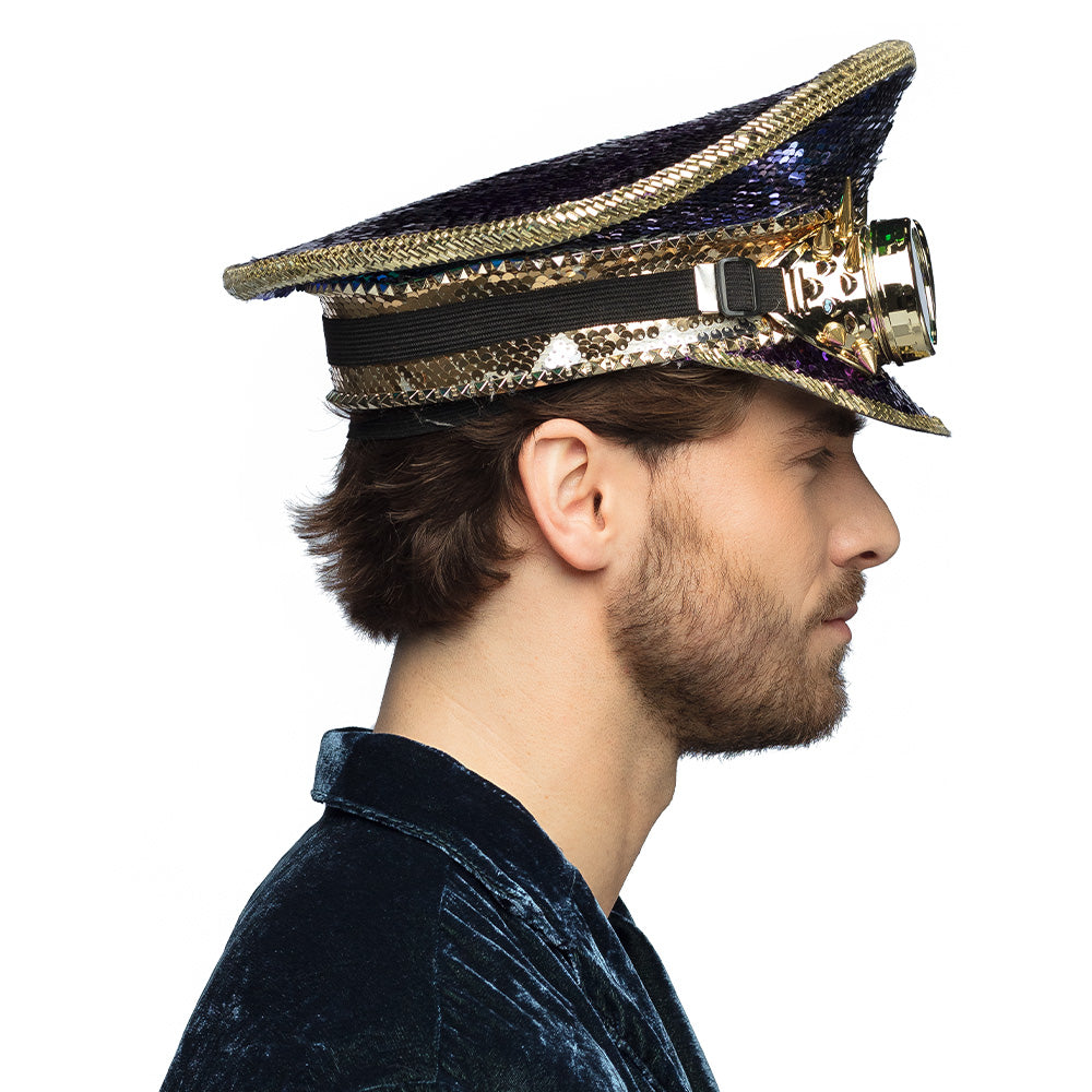 Chapeau Steampunk Sequins Irisé avec Lunettes Holographiques
