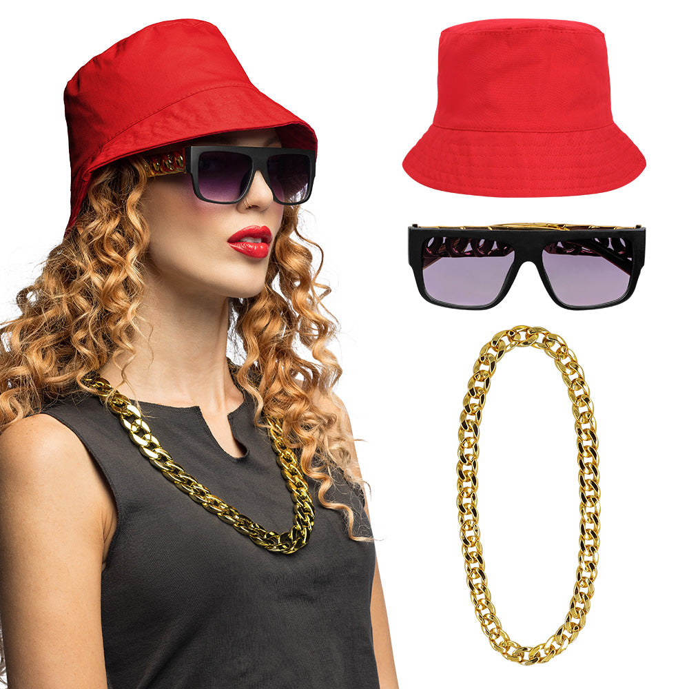 Kit Accessoires Hip Hop Années 80 avec Chaîne Dorée et Lunettes