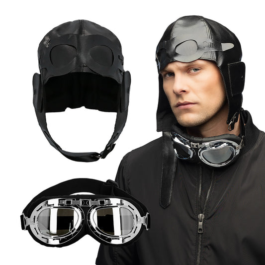 Casque Pilote Aviateur Cuir Noir avec Lunettes Vintage