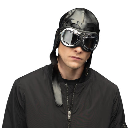 Casque Pilote Aviateur Cuir Noir avec Lunettes Vintage
