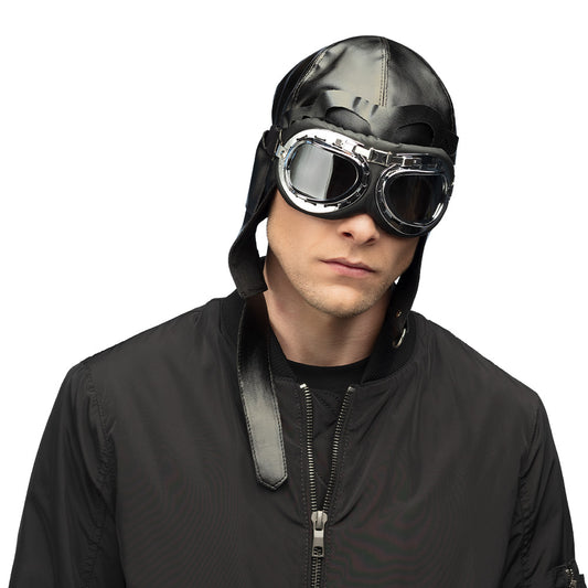 Casque Pilote Aviateur Cuir Noir avec Lunettes Vintage