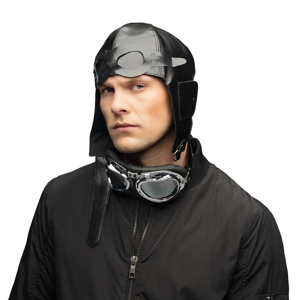 Casque Pilote Aviateur Cuir Noir avec Lunettes Vintage