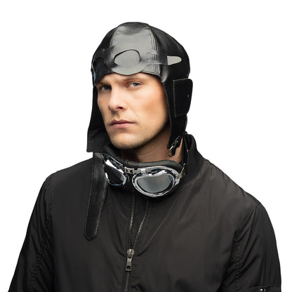 Casque Pilote Aviateur Cuir Noir avec Lunettes Vintage