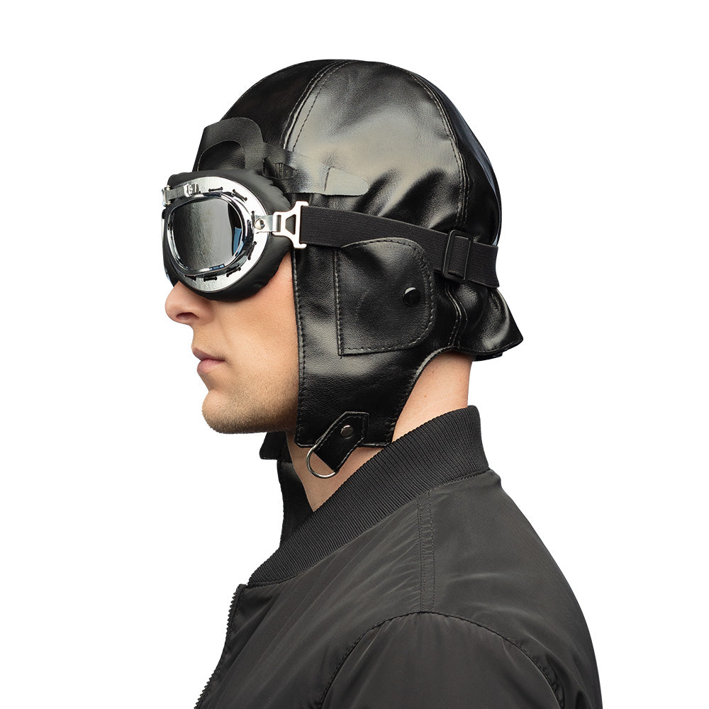 Casque Pilote Aviateur Cuir Noir avec Lunettes Vintage