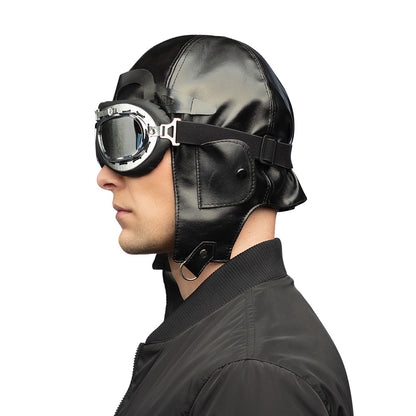 Casque Pilote Aviateur Cuir Noir avec Lunettes Vintage