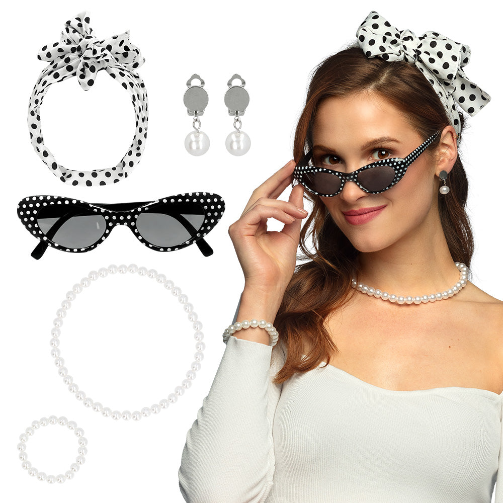 Set Accessoires Année 50 Pois Blanc Noir - Lunettes, Collier Perles