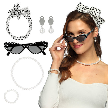 Set Accessoires Année 50 Pois Blanc Noir - Lunettes, Collier Perles