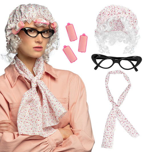 Kit Déguisement Années 50 Femme avec Perruque Fleurs Rose