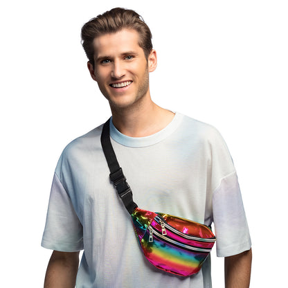 Sac banane holographique arc-en-ciel avec 3 compartiments zippés