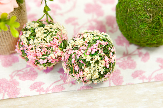 4 Boules décoratives fleurs naturelles blanches et roses 5 cm