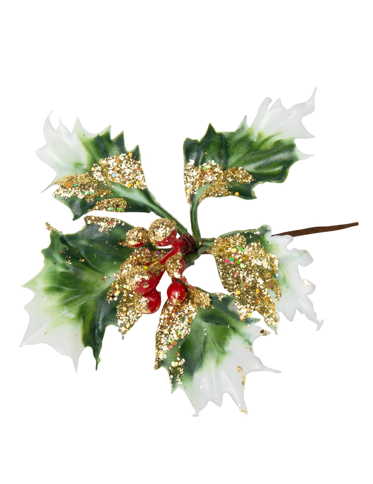 4 Branches de houx sur tige paillettes or 9 cm