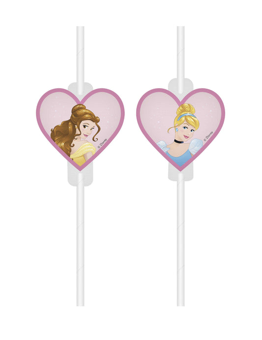 4 Pailles médaillon en carton Princesses Disney c?urs