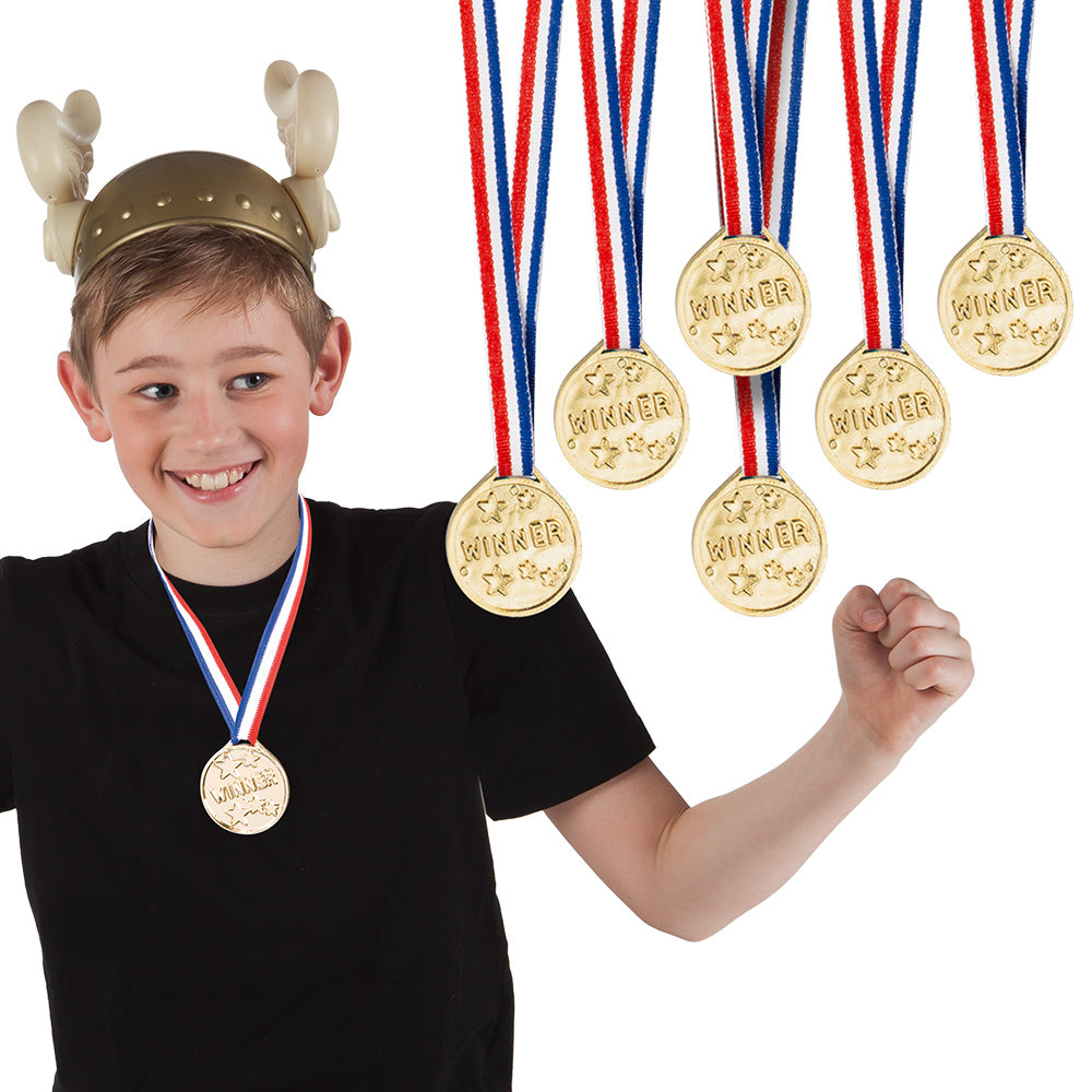Set de 6 Médailles Winner Dorées avec Couronnes - Accessoire Fête