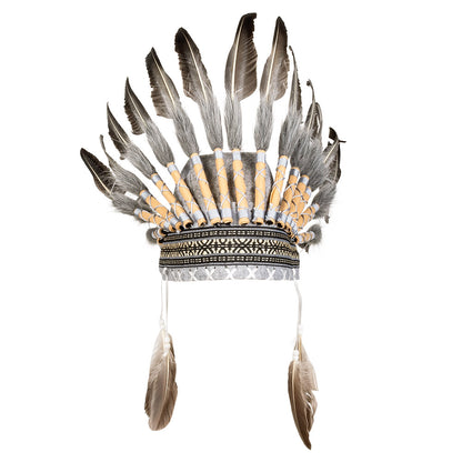 Coiffe Indienne Authentique - Plumes Naturelles et Ornements Perlés