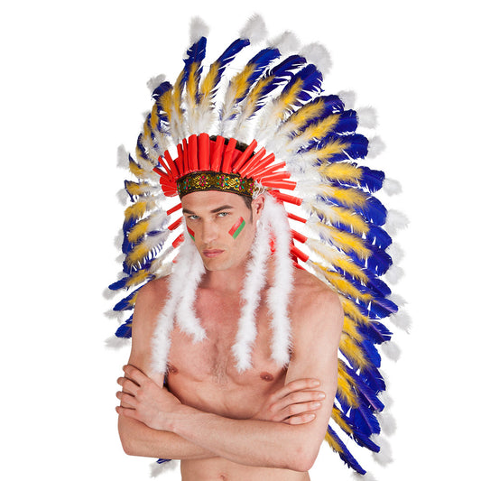 Coiffe Indienne Plumes Bleu Rouge Doré - Accessoire Déguisement