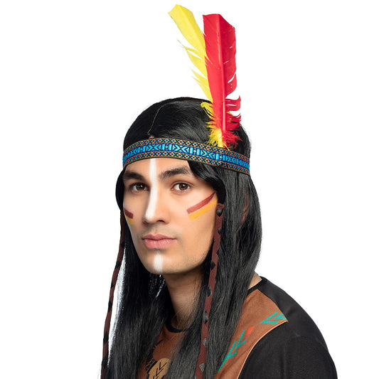 Bandeau Indien Plumes Rouge Jaune - Déguisement Amérindien Adulte
